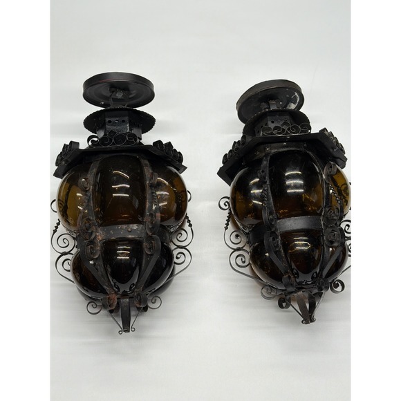 2 Vintage Metal Amber Glass Lantern Pendant Light Fixture Rustic Farmhouse Style